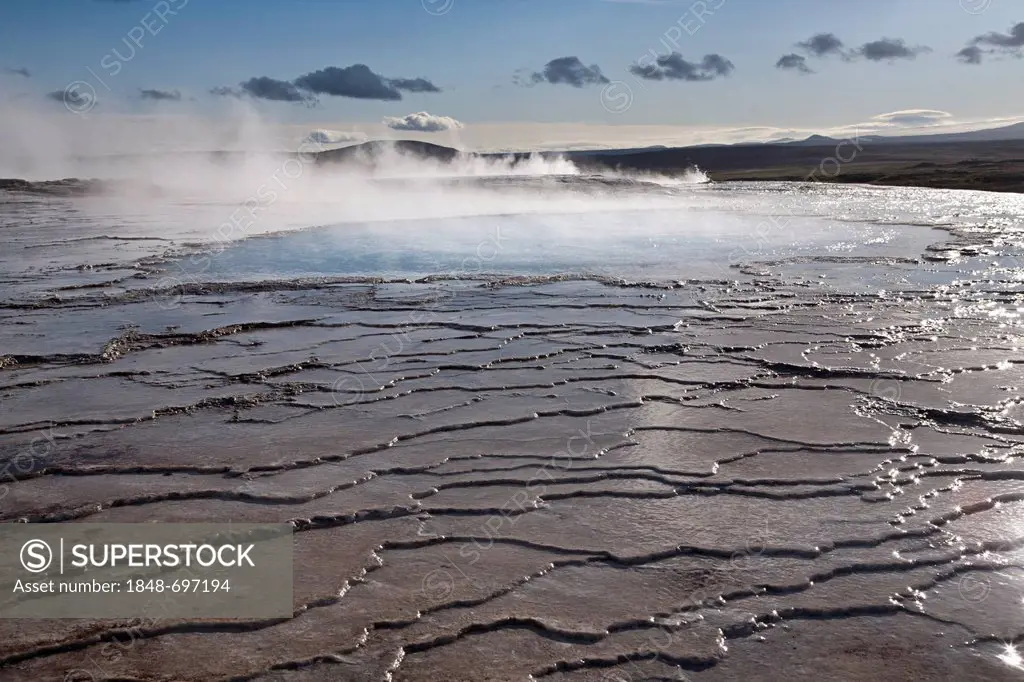 Limestone sinter terraces with the hot water pools of Meyrarauga, Girl's Eye, in the geothermal area of Hveravellir, Iceland, Europe