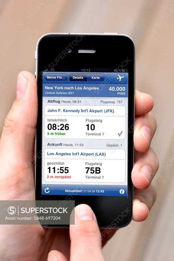 Iphone, smart phone, app on the screen, departures, arrivals, and flight connections