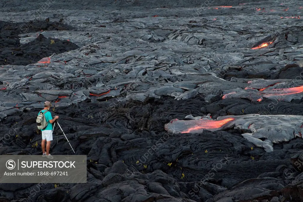Photographer taking pictures of low viscosity lava, Pahoehoe lava, flowing from rifts in the East Rift Zone towards the sea, lava field at the Kilauea...