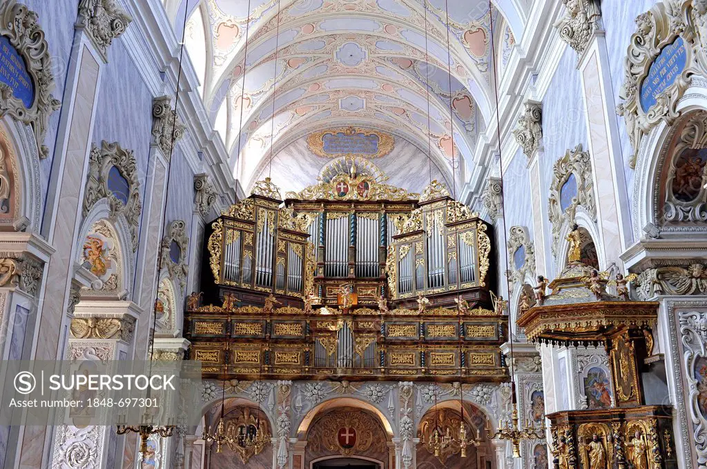 Nave with organ, monastery church of Goettweig Abbey, Goettweiger Berg mountain, Furth, UNESCO World Heritage Site Wachau Cultural Landscape, Lower Au...