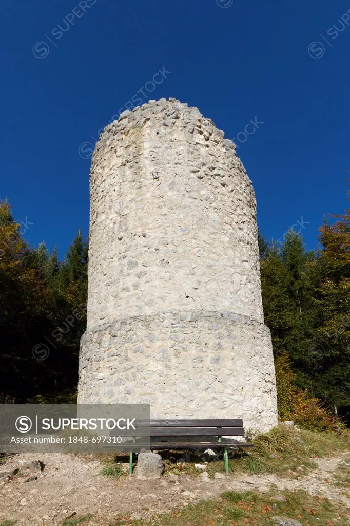 Defence tower in front of the ruins of Schloss Hausen Castle, Upper Danube Nature Park, Sigmaringen district, Baden-Wuerttemberg, Germany, Europe