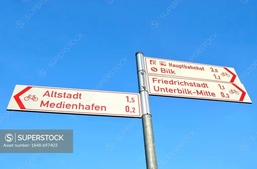Signposts, Duesseldorf, North Rhine-Westphalia, Germany, Europe