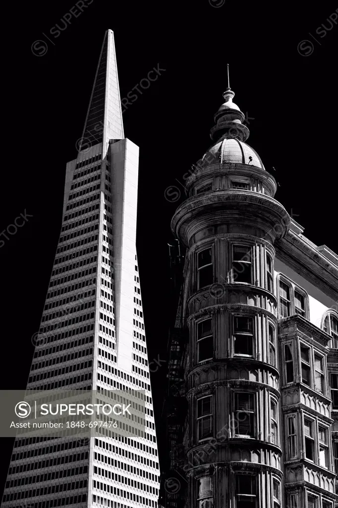 Transamerica Pyramid, skyscraper, and Columbus Tower, also Sentinel Building, Financial District, San Francisco, California, United States of America,...