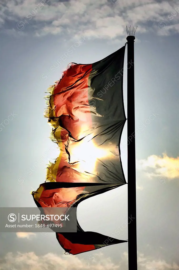 Tattered German flag flying in the wind, symbolic image for debt crisis