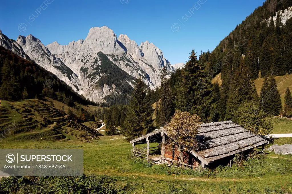 Hut from 1868 on Bindalm, alp, Mt Muehlsturzhoerner left, Hintersee near Ramsau, Upper Bavaria, Bavaria, Germany, Europe