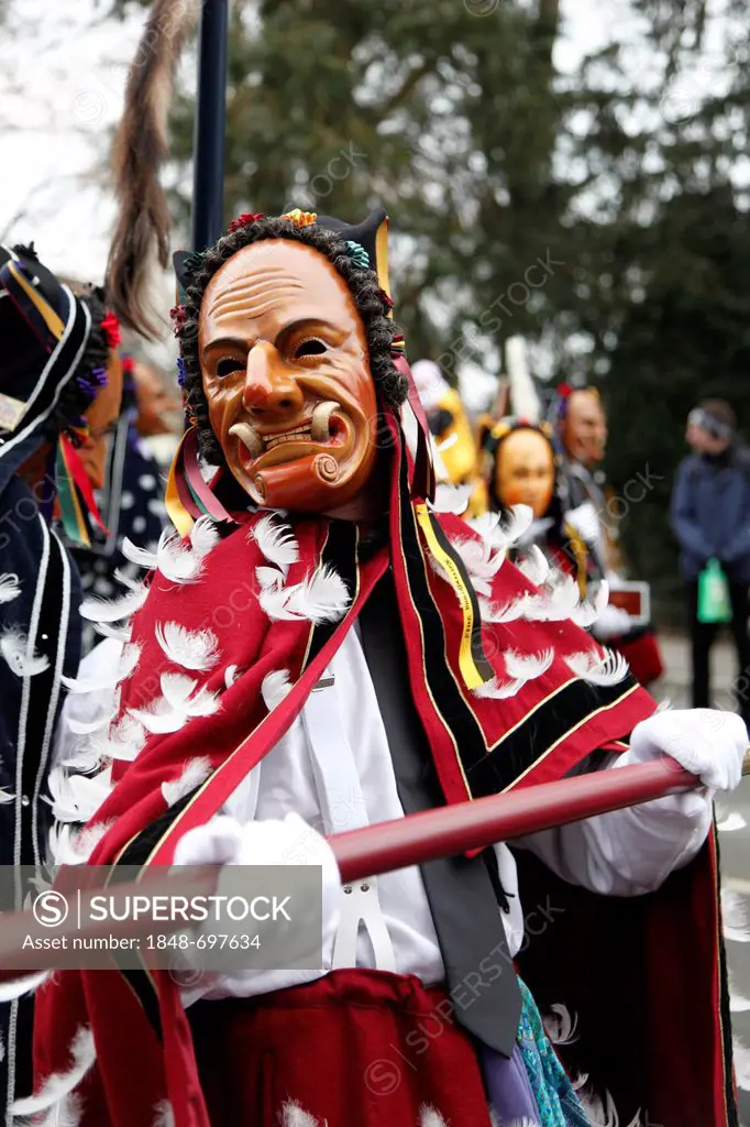 Man dressed up as Federahannes, Narrensprung carnival in Rottweil, Rottweiler Fasnet carnival, Swabian-Alemannic carnival, Baden-Wuerttemberg, Germany...