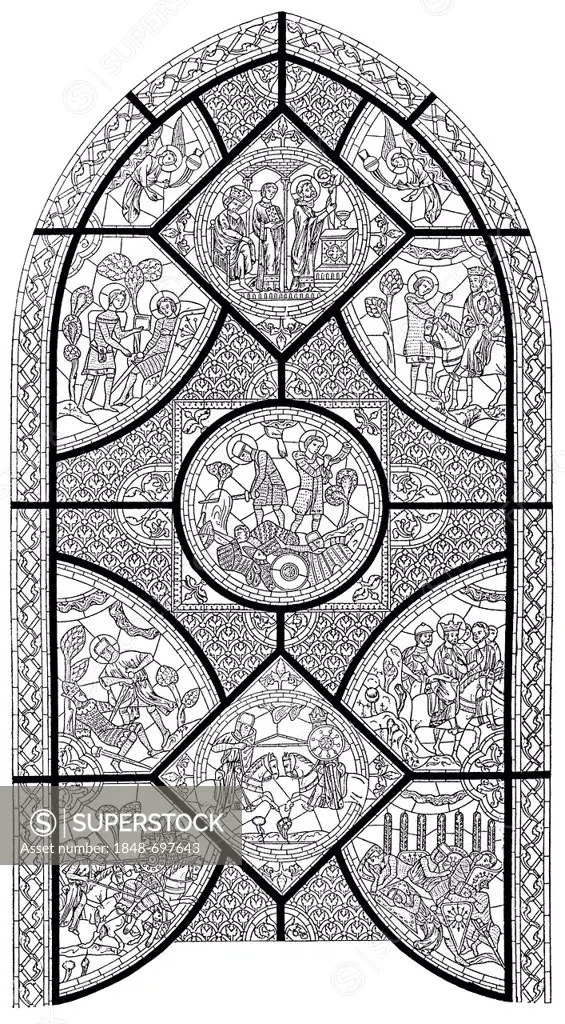 Historical print from the 19th century, drawing of a church window depicting the Saga of Roland in the Cathedral of Notre-Dame de Chartres, France