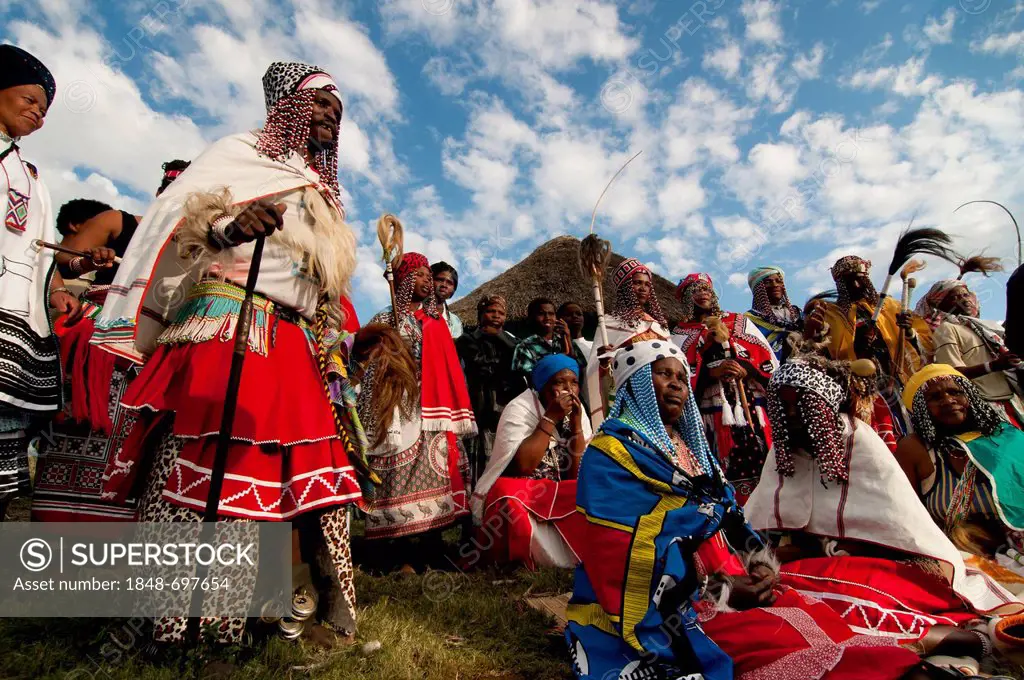 Traditionally dressed Xhosa people, during the Sangoma or Witchdoctor Festival, Wild Coast, Eastern Cape, South Africa, Africa