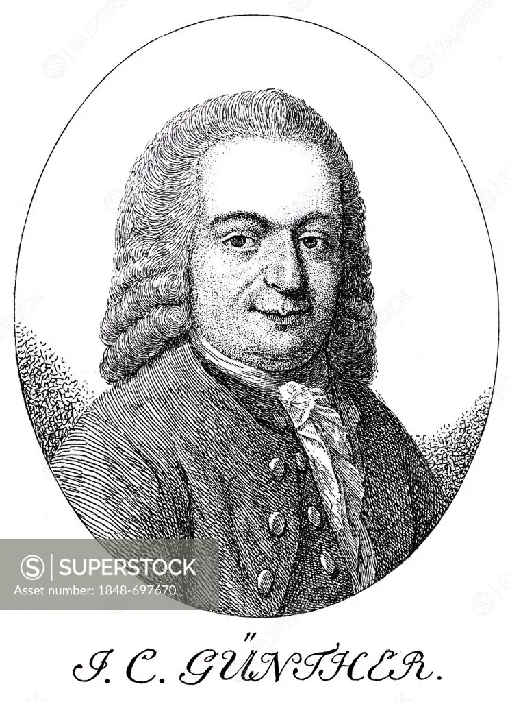 Historic print, engraving from 1756, portrait of Johann Christian Guenther, 1695 - 1723, a German poet