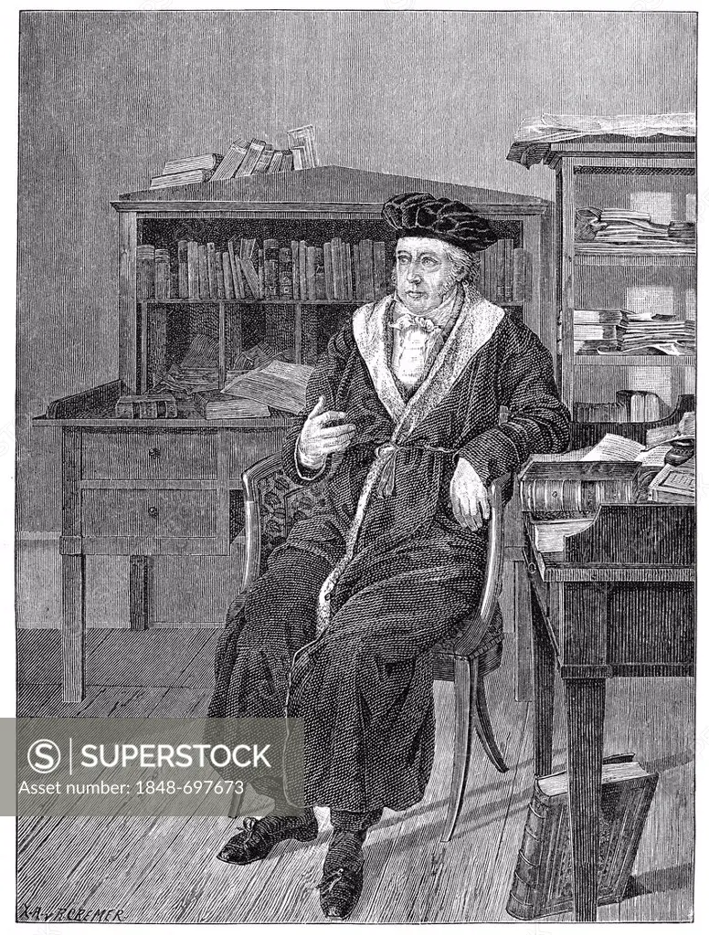 Historical illustration from the 19th century, depiction of Georg Wilhelm Friedrich Hegel in his study, 1770 - 1831, a German philosopher of German Id...