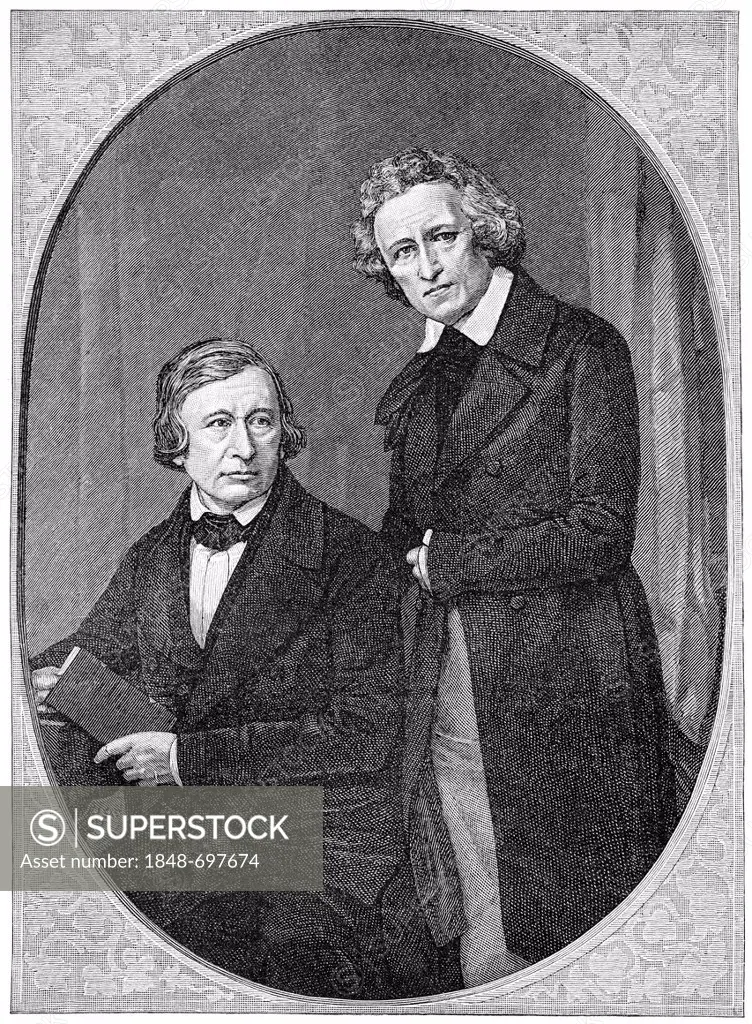 Historical illustration from the 19th century, depiction of the Brothers Grimm, Jacob Ludwig Karl Grimm, 1785 - 1863, a German language and literature...
