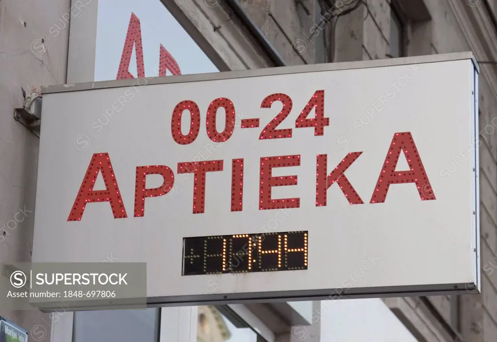 Pharmacy sign, Aptieka, 24 hours a day, Riga, Latvia, Europe