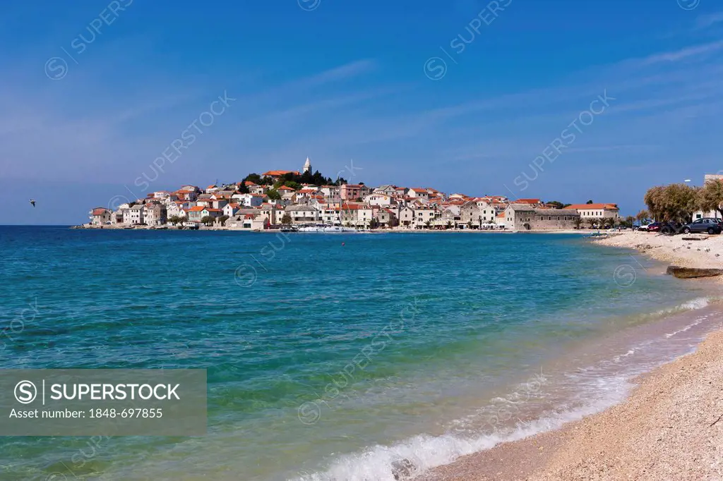 Beach with view of Primosten peninsula, central Dalmatia, Dalmatia, Adriatic coast, Croatia, Europe, PublicGround