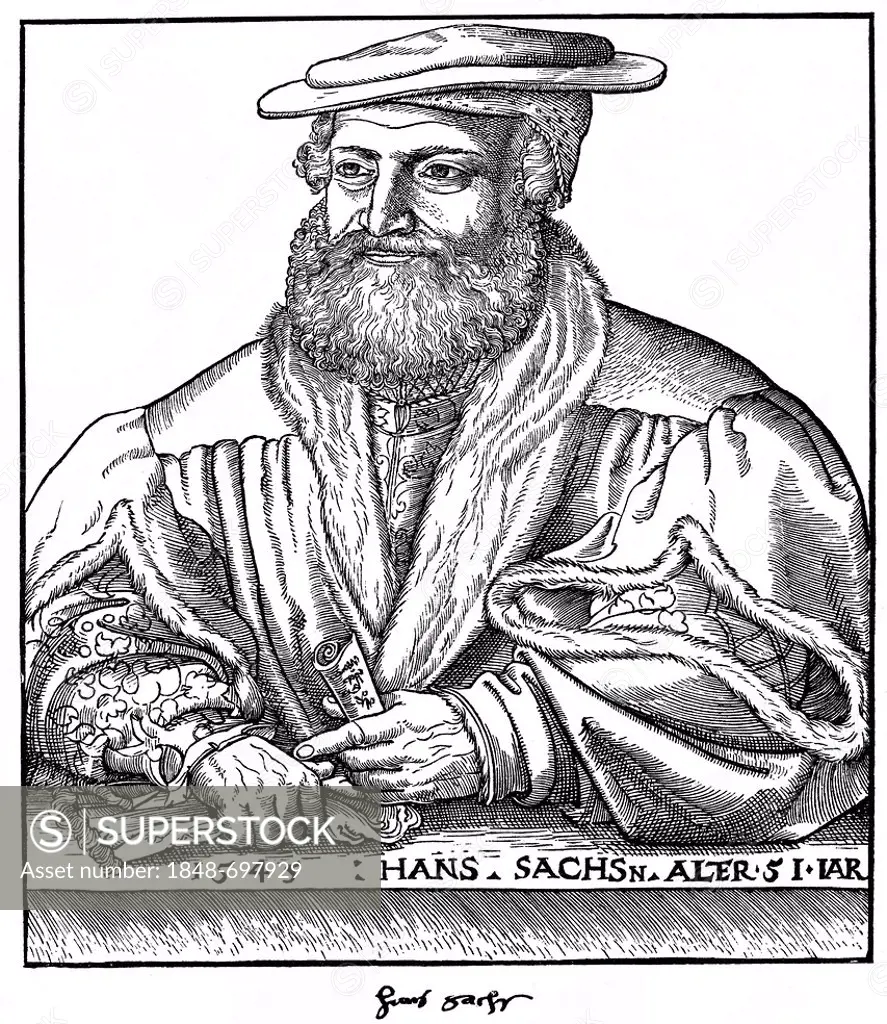 Historic print, woodcut with autograph by Michael Osterdorfer, 1545, portrait of Hans Sachs, 1494 - 1576, a Nuremberg poet, Meistersinger and playwrig...
