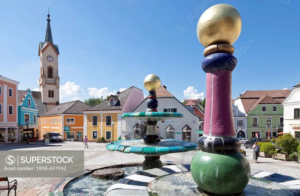 Hundertwasser-Fountain in the main square of Zwettl, Waldviertel Region, Austria, Lower Austria,