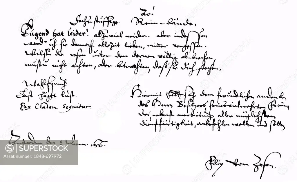 Historic manuscript of Philipp von Zesen also known as Filip Coesius, Caesius or Ritterhold von Blauen, 1619 - 1689, a German Protestant hymnwriter an...