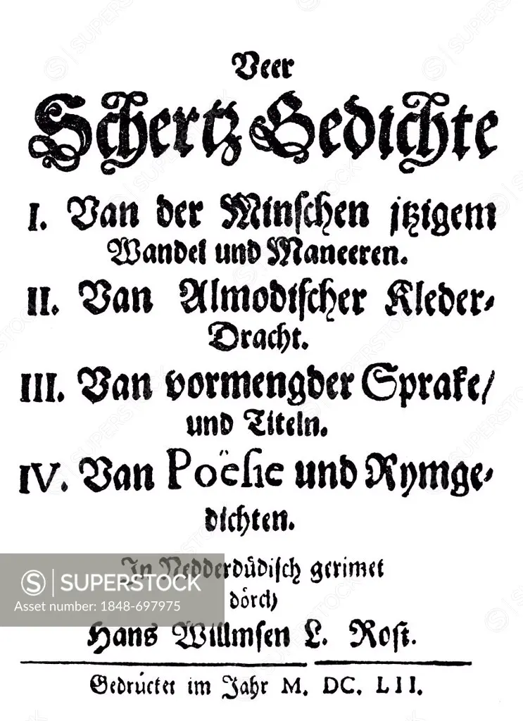 Historic print of 1652, front page of the first mourning poem by Johann Lauremberg also known as Johannes Lauremberg, Johann Wilhelm Laurenberg or Han...
