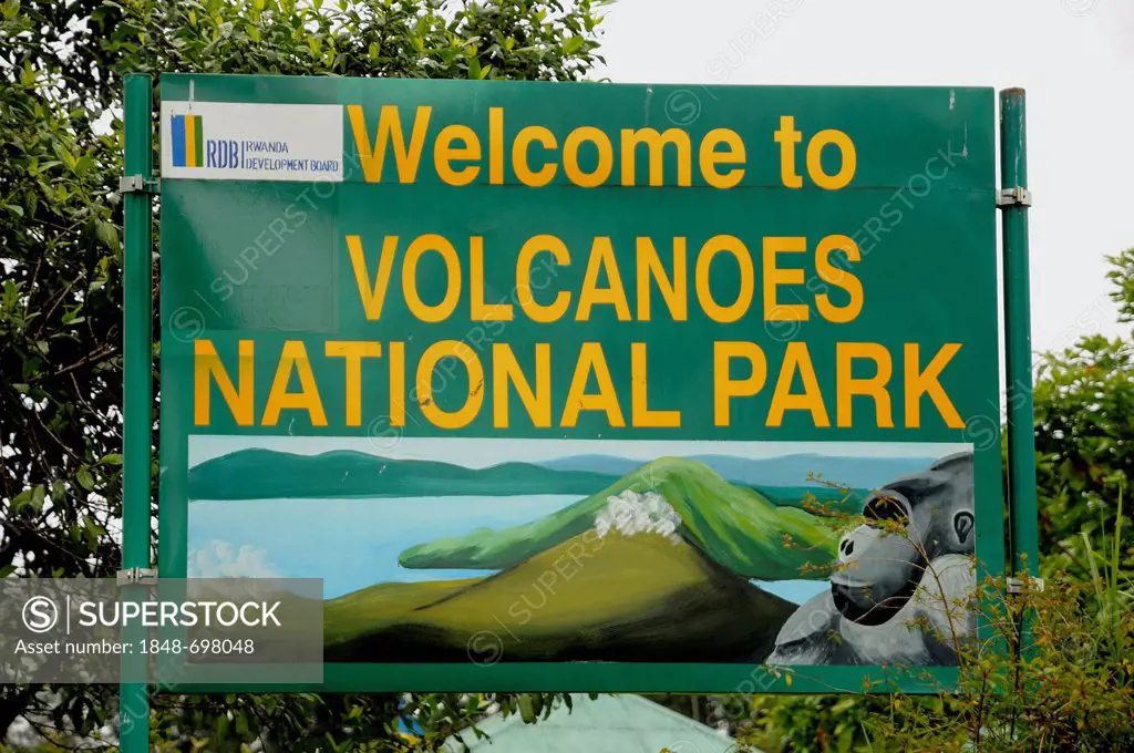 Sign at the entrance to the Volcanoes National Park, Parc National des Volcans, Rwanda, Africa