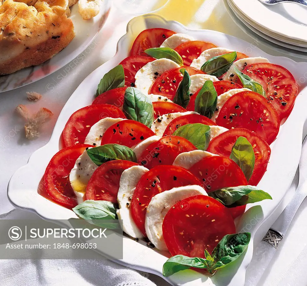 Insalada caprese, mozzarella with tomatoes, basil and the finest olive oil, Italy