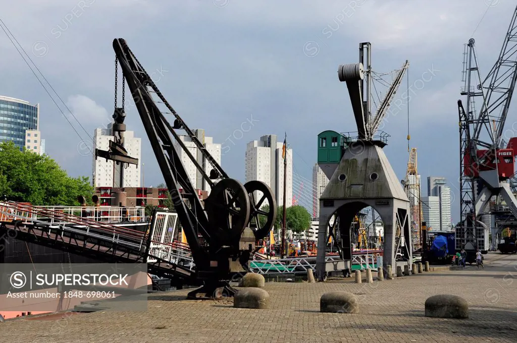 Cranes in Leuvehaven harbour, part of the Maritime Museum, Central Rotterdam, Holland, Nederland, the Netherlands, Europe