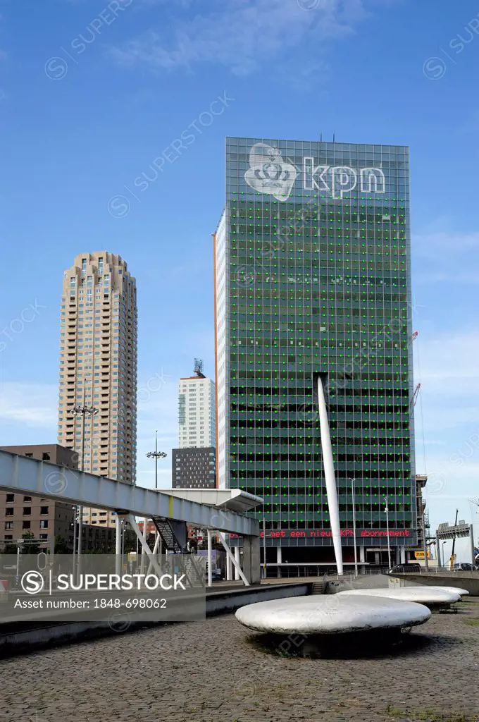 Modern architecture along the Nieuwe Maas River, KPN Telecom Tower, Wilhelminapier Harbour, Kop van Zuid, Rotterdam, Holland, Nederland, Netherlands, ...