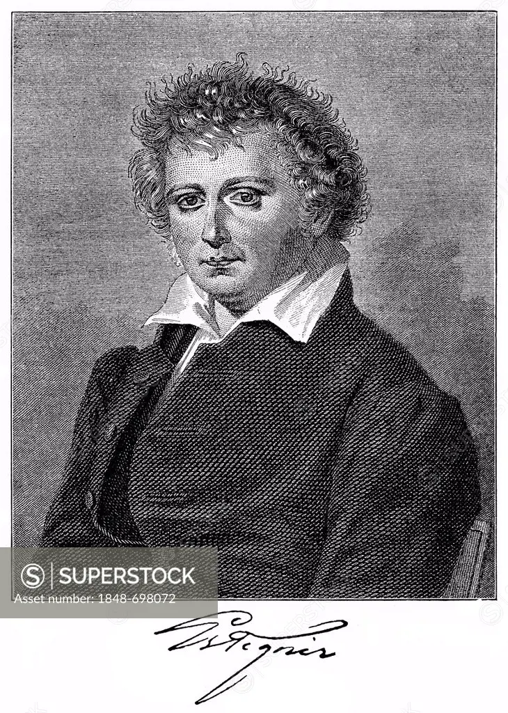 Historical engraving from 19th Century, portrait of Esaias Tegnér, 1782-1846, Swedish Lutheran bishop and poet