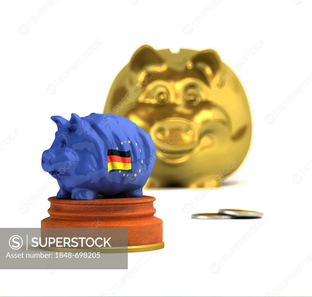 Piggy bank with a German flag in front of a golden piggy bank