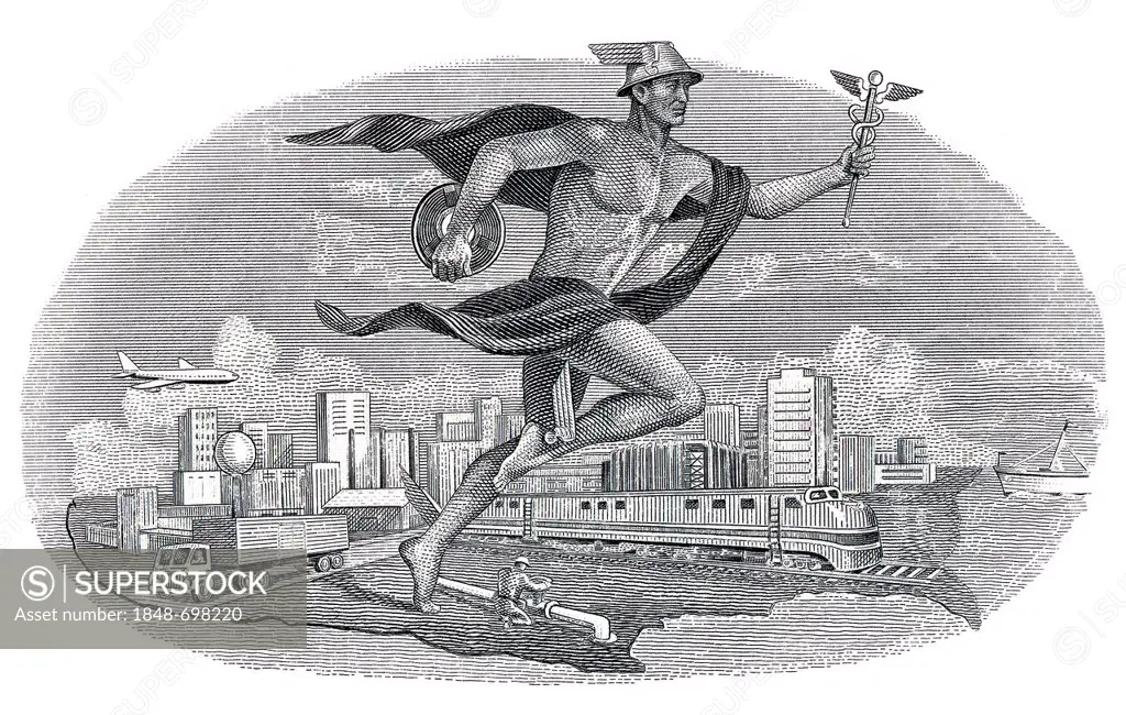 Historical share certificate, detail view of the vignette, allegorical representation, Hermes, messenger of the Gods running in front of a modern city...