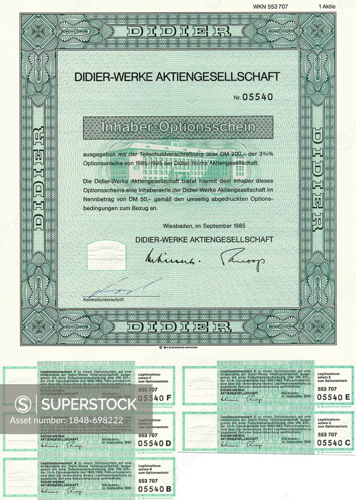 Historical share certificate, bearer warrant, ceramic refractory materials for the iron and steel industries, the cement, lime and glass industries an...