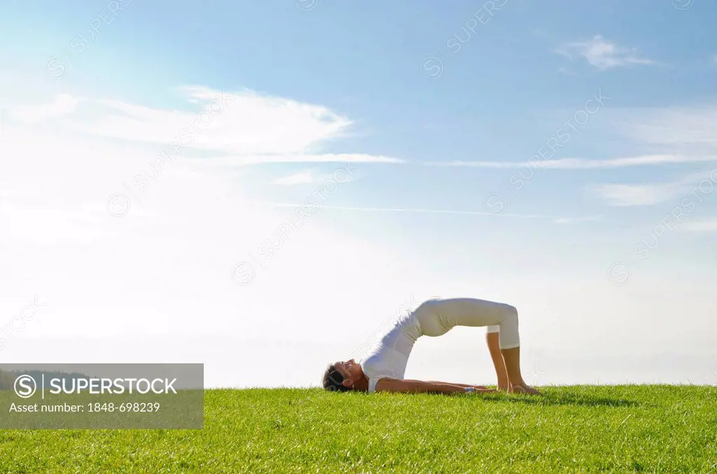 Young woman practising Hatha yoga outdoors, showing the pose setu bandhasana, kandharasana, bridge pose, shoulder pose, Nove Mesto, Okres Teplice, Cze...