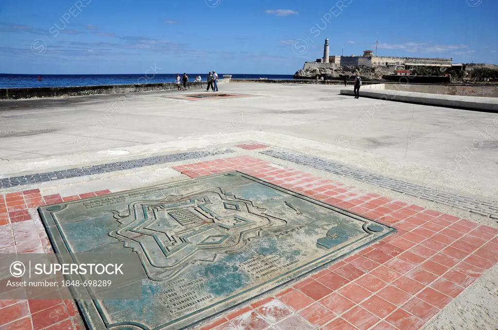 Commemorative plaque to the fort of Castillo del Principe, Malecon sea wall, Avenida de Antonio Maceo, a boulevard along the city center of Havana, Ce...