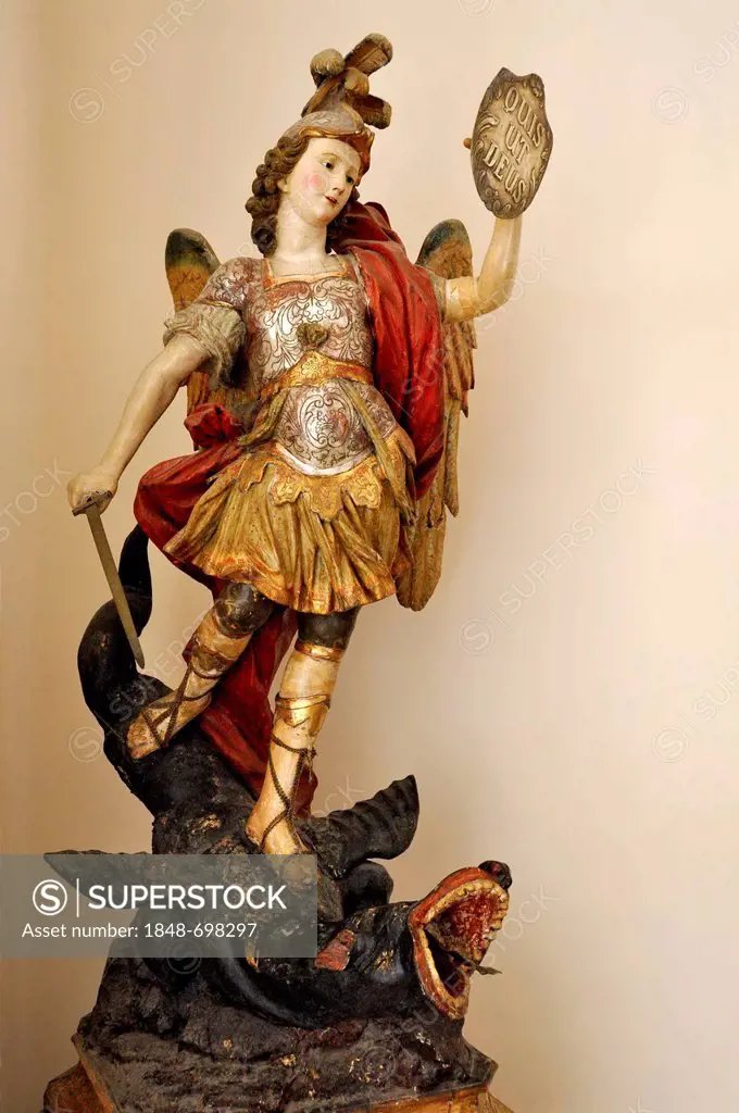Wooden sculpture of Archangel Michael with the dragon, museum of the Benedictine abbey of Montecassino, Monte Cassino, Cassino, Lazio, Italy, Europe