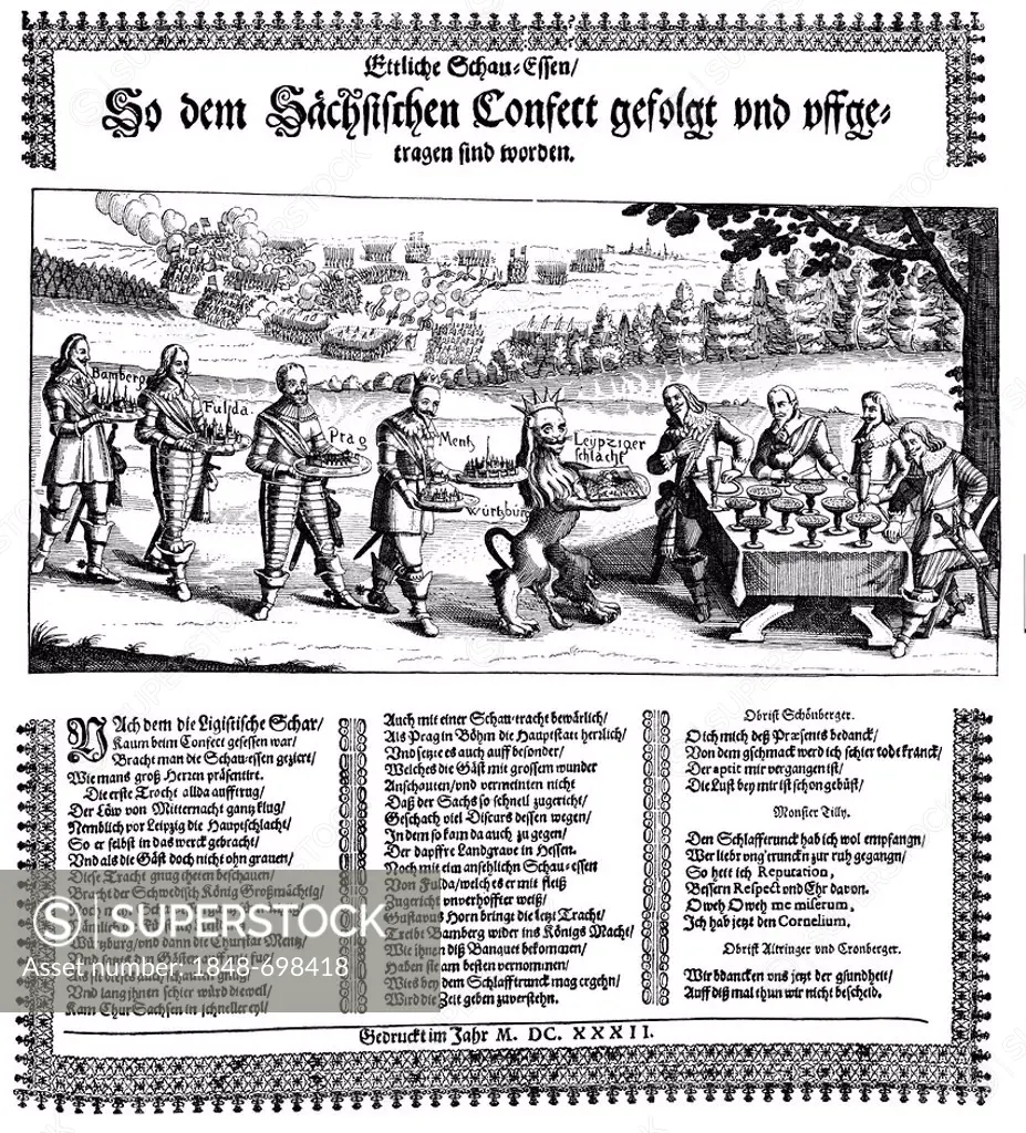 Historic print, leaflet in 1632, image of the consequences of the battle of Breitenfeld in 1631, food bank, from Bildatlas zur Geschichte der Deutsche...
