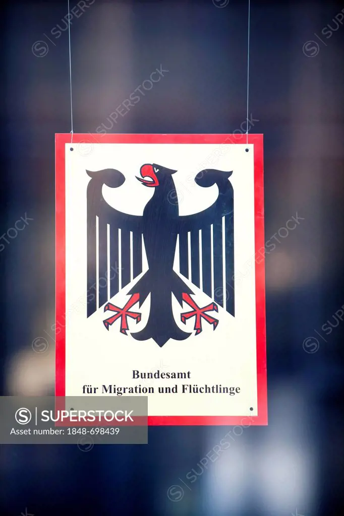 Sign at the BAMF, Bundesamt fuer Migration und Fluechtlinge, German for Federal Office for Migration and Refugees, Poller Kirchweg, Poll, Cologne, Nor...