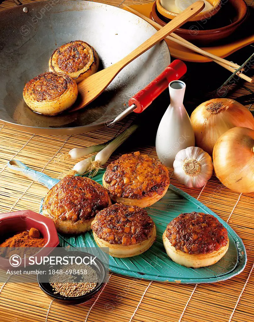 Korean onion rings stuffed with a spicy meat and tofu mix, Korea