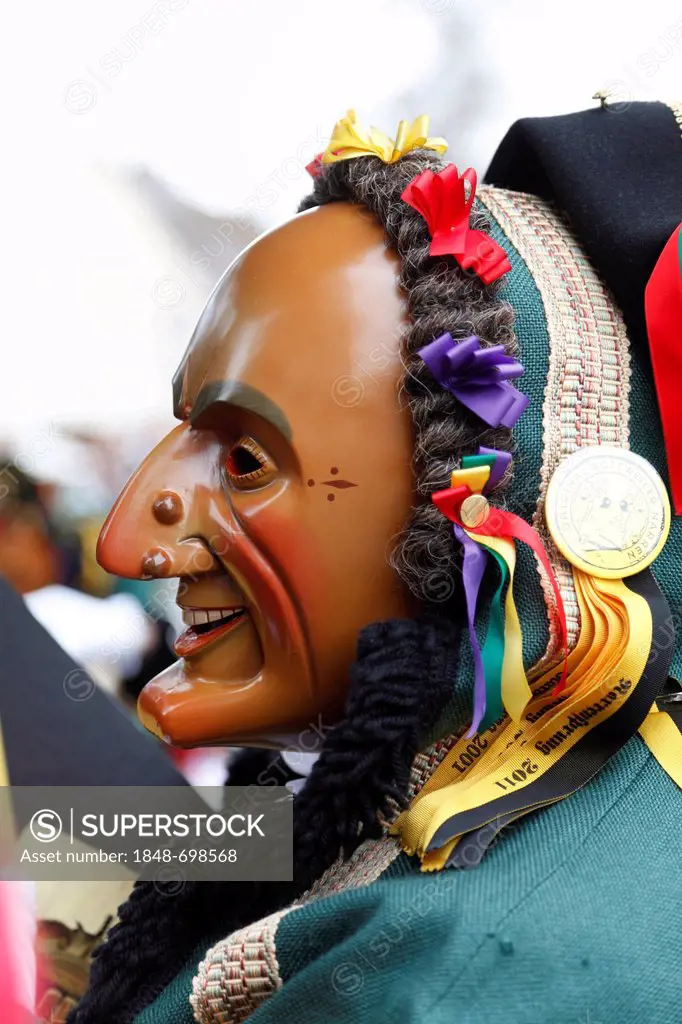 Man dressed up as Schantle, Narrensprung carnival in Rottweil, Rottweiler Fasnet carnival, Swabian-Alemannic carnival, Baden-Wuerttemberg, Germany, Eu...