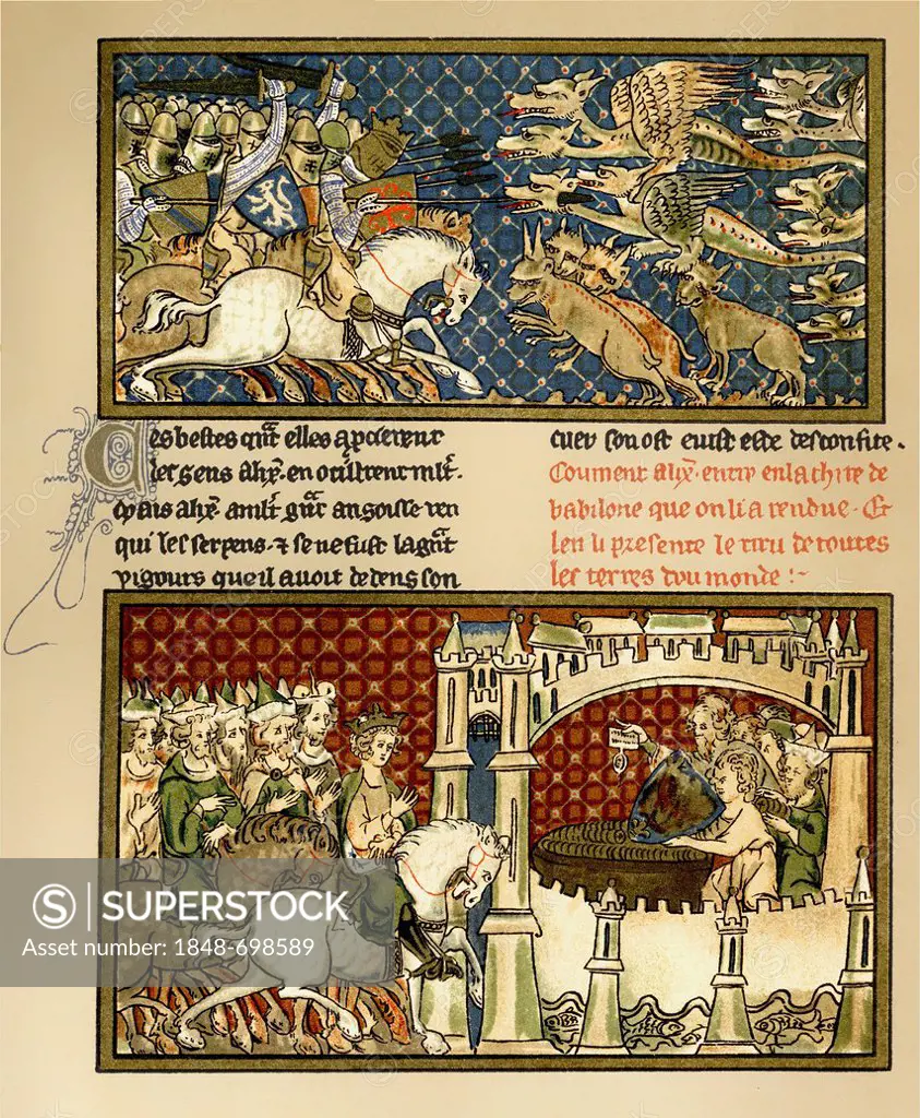 Historical print from the 19th century, facsimile of a manuscript from the 14th century of the Romance of Alexander, the novel-like ancient and mediev...