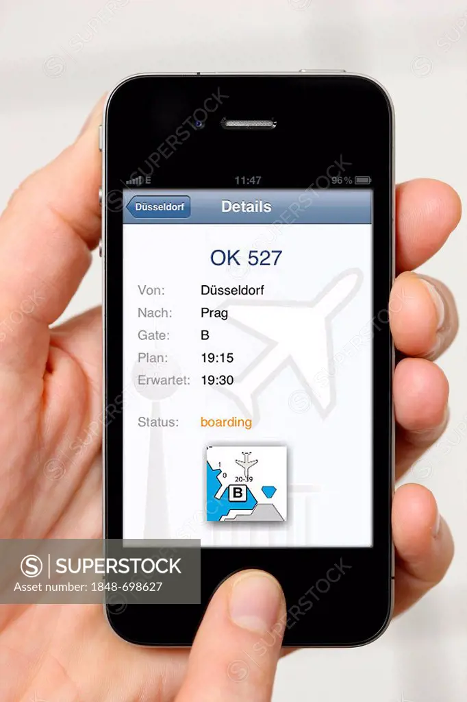 Iphone, smart phone, app on the screen, departures, arrivals, and flight connections, Duesseldorf International Airport