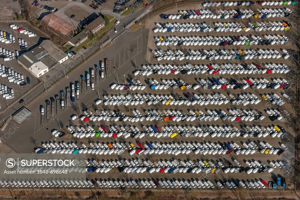 Aerial view, parking area for new cars, Sprinter production site, Mercedes-Benz, Duesseldorf, Rhineland, North Rhine-Westphalia, Germany, Europe