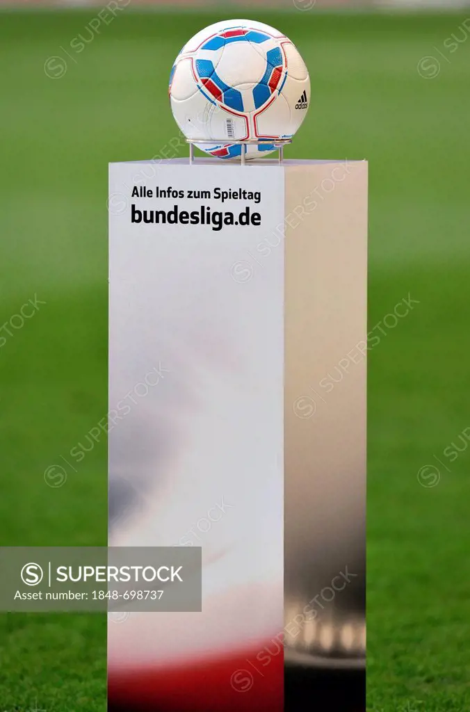 Bundesliga match ball on pedestal before the start of the match, Mercedes-Benz Arena, Stuttgart, Baden-Wuerttemberg, Germany, Europe