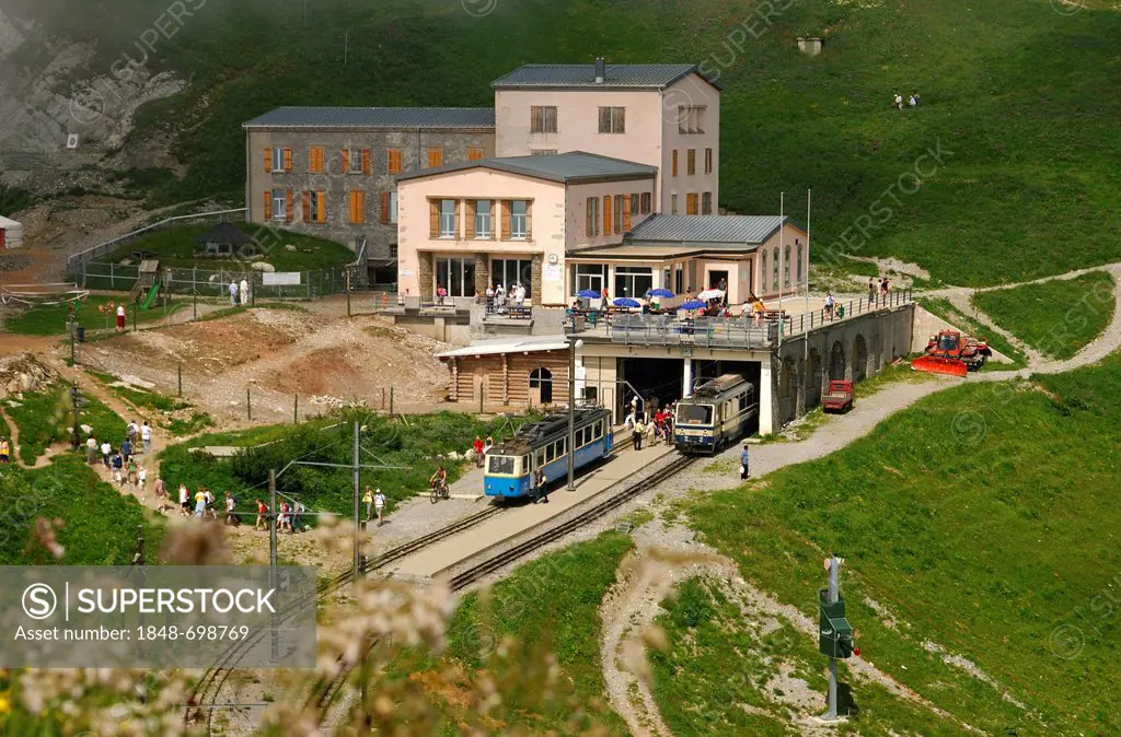 Summit station of the cog railway to the Rochers-de-Naye summit, Montreux, Switzerland, Europe