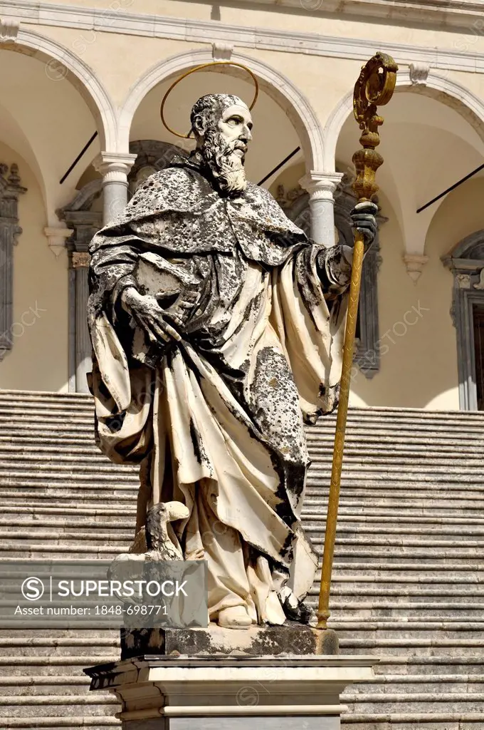 Marble statue of St. Benedict by P. Campi of Carrara, Cloister of Bramante, Benedictine abbey of Montecassino, Monte Cassino, Cassino, Lazio, Italy, E...