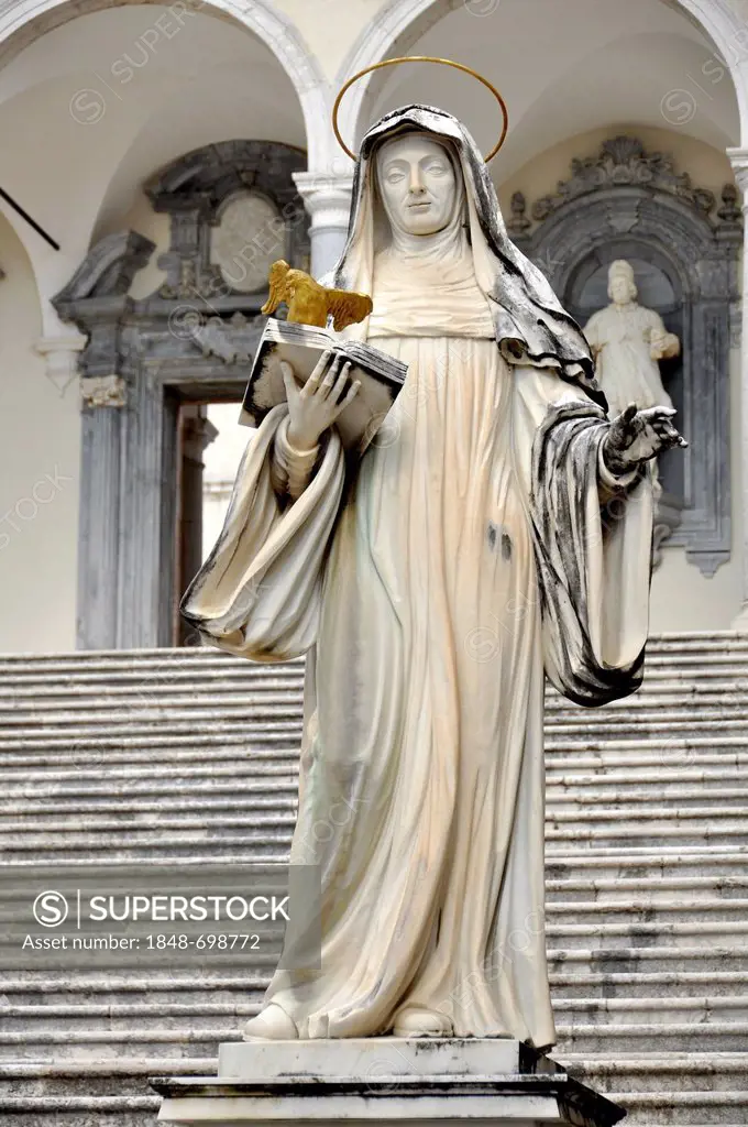 Marble statue of St. Scholastica by P. Campi of Carrara, in the Cloister of Bramante, Benedictine abbey of Montecassino, Monte Cassino, Cassino, Lazio...
