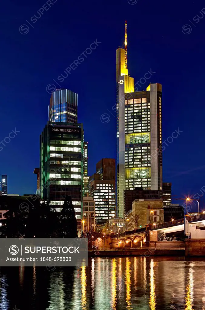 Commerzbank, Hessische Landesbank, European Central Bank at night, Frankfurt am Main, Hesse, Germany, Europe, PublicGround