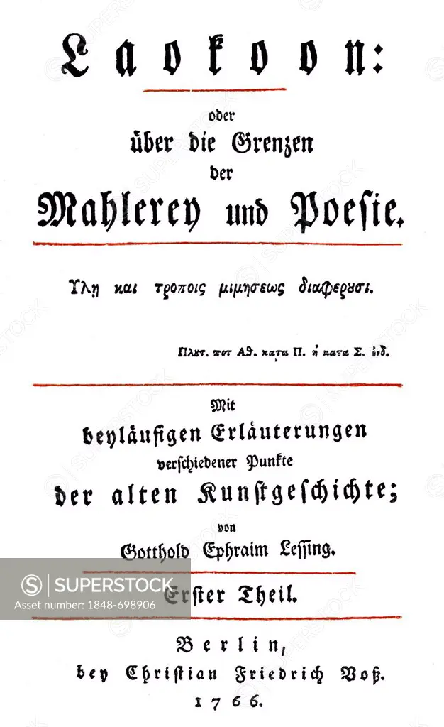 Historic print, title page of Laocoon by Gotthold Ephraim Lessing, 1729 - 1781, a poet of the German Enlightenment, from Bildatlas zur Geschichte der ...