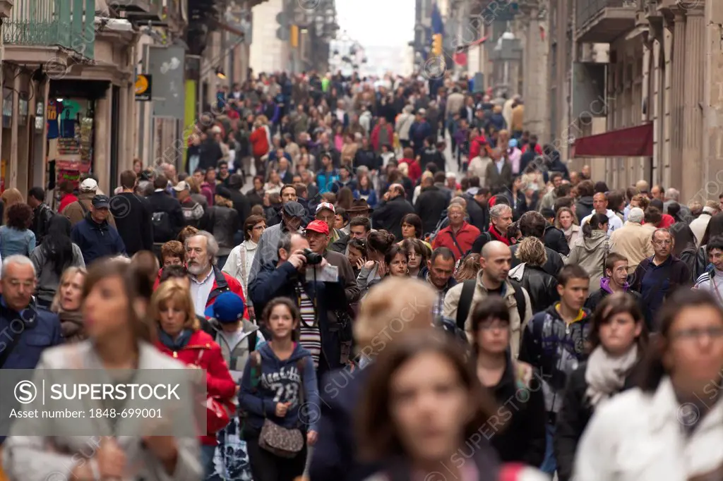 Visitor crowds, tourists in the Street Cala de Ferran, Barcelona, Catalonia, Spain, Europe