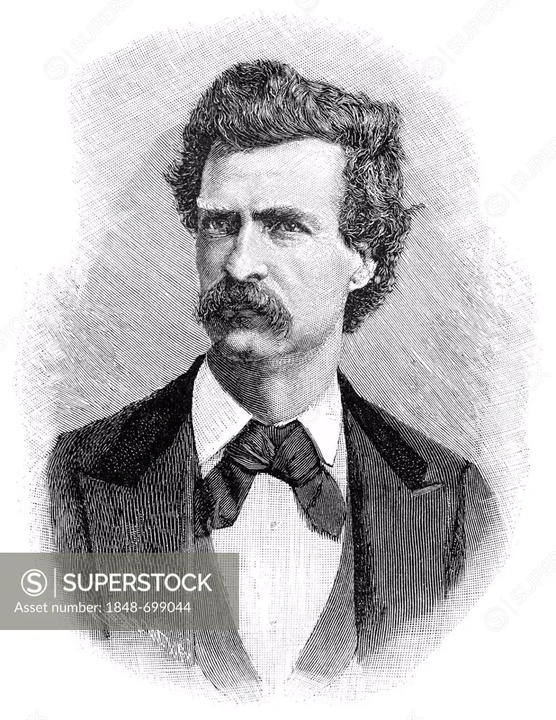 Historical engraving, 19th century, portrait of Samuel Langhorne Clemens or Mark Twain, 1835 - 1910, American writer, author of Adventures of Tom Sawy...