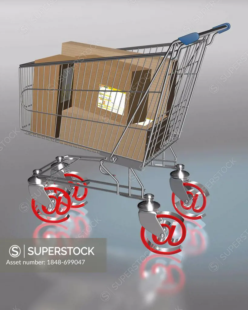 Shopping cart with boxes, illustration, symbolic image for internet shopping