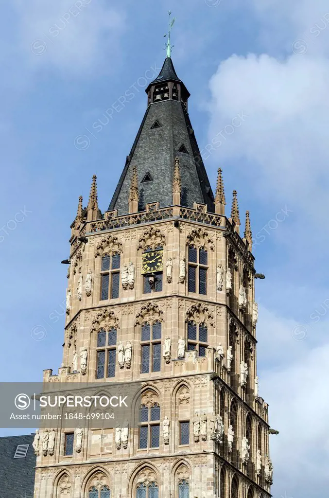 Historic City Hall tower in the historic town centre of Cologne, North Rhine-Westphalia, Germany, Europe