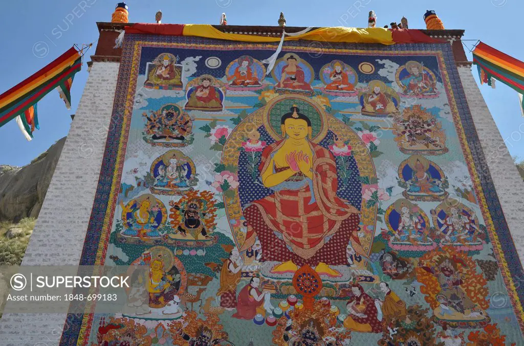 Tibetan Buddhism, religious fabric, large Thangka of Sera, a giant Buddha image is unfurled during the Shoton, Sho Dun or Yoghurt Festival, Sera Monas...